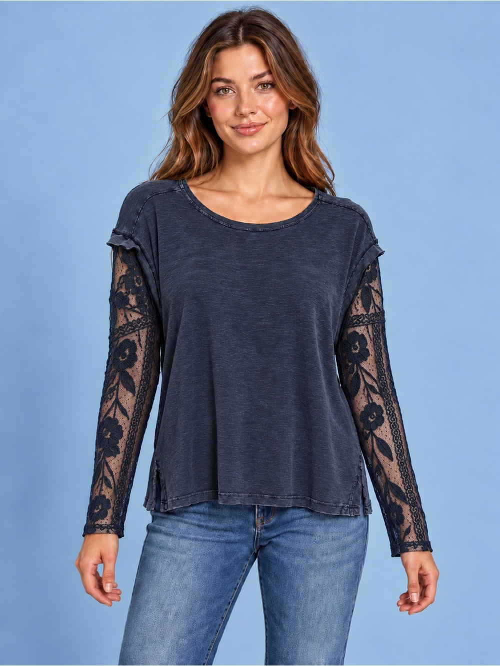 Free People Billie Jean Twofer Lace Sleeve Tee Navy Blue Size S